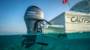underside of the dive platform 2022 CALYPSO34cx with Yamaha 200hp spearfishing for hogs at Pelican Shoal Sugarloaf Key, Florida